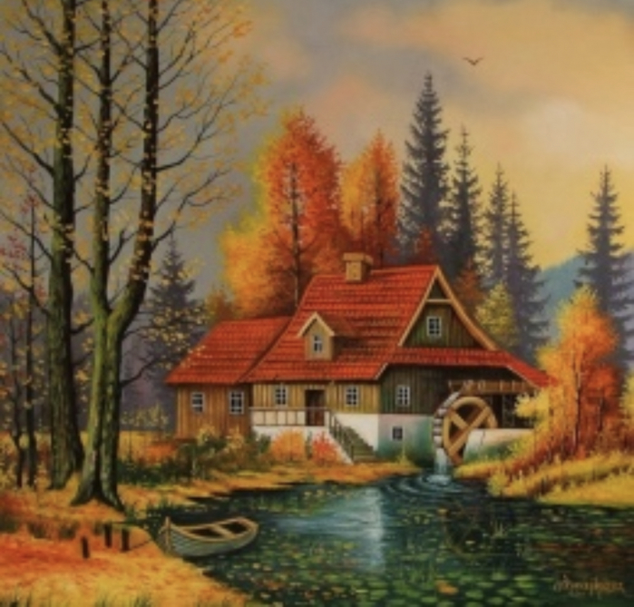 Tablou pm960, casuta rosie pe lac, picteaza dupa numere, cu rama de lemn, 40x50 cm - krista