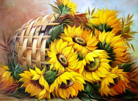 Tablou pm961, cos de nuiele cu floarea soarelui, picteaza dupa numere, cu rama de lemn, 40x50 cm - krista
