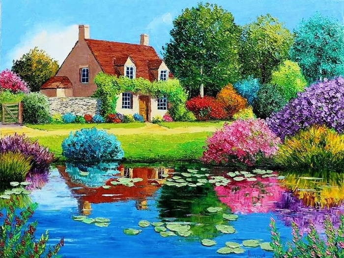 Tablou pm973, casuta pe malul lacului, picteaza dupa numere, cu rama de lemn, 40x50 cm - krista