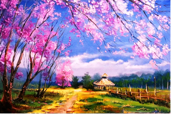 Tablou pm975, casuta in peisaj contrastant, picteaza dupa numere, cu rama de lemn, 40x50 cm - krista