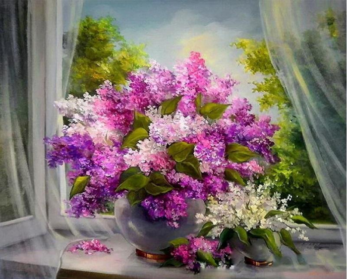 Tablou pm977, flori de liliac in geam, picteaza dupa numere, cu rama de lemn, 40x50 cm - krista