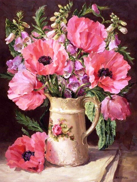 Tablou PM981, Vaza cu maci roz, Picteaza dupa numere, cu rama de lemn, 40x50 cm - Krista