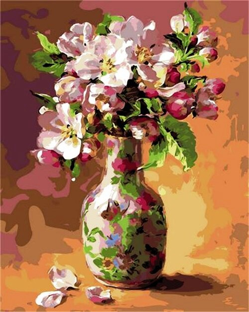 Tablou PM984, Vaza colorata cu trandafiri salbatici, Picteaza dupa numere, cu rama de lemn, 40x50 cm - Krista