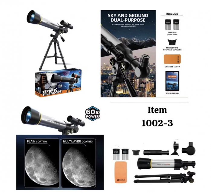 Telescop Astronomic cu Trepied Stabil, Zoom 60X, din Aliaj de Aluminiu, Negru-Argintiu [5]
