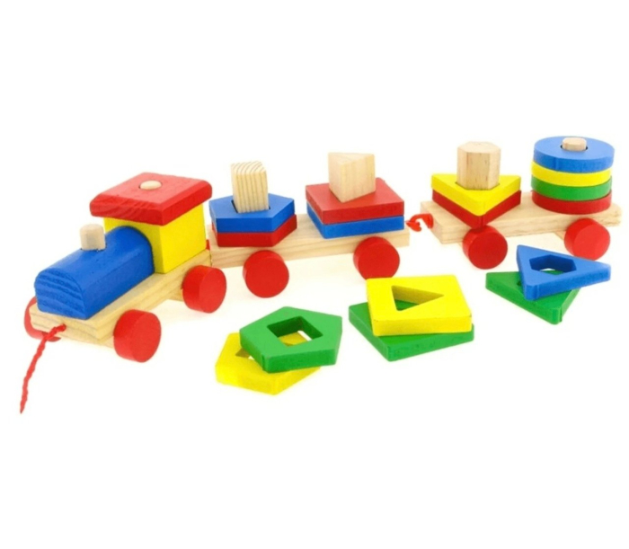 Trenulet de tras, cu sortator ,   Happy Train, 19 Forme Geometrice, din lemn