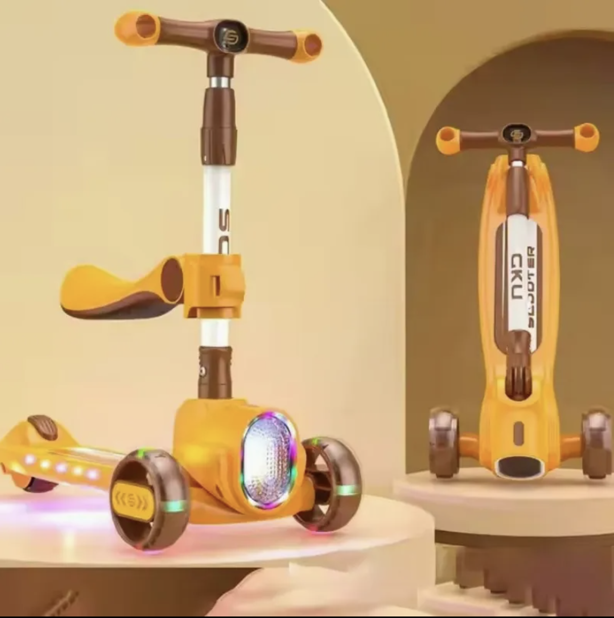 Trotineta 2022 galben, cu scaun, 3 roti LED, muzica, pliabila, reglabila, 3-12 ani [9]