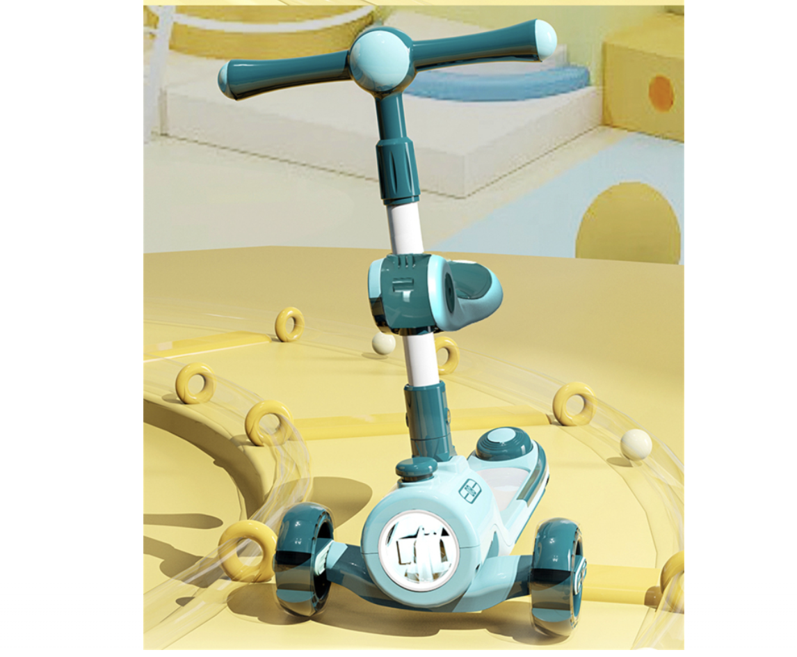 Trotineta 2022 verde, cu scaun, 3 roti LED, muzica, pliabila, reglabila, 3-12 ani [4]