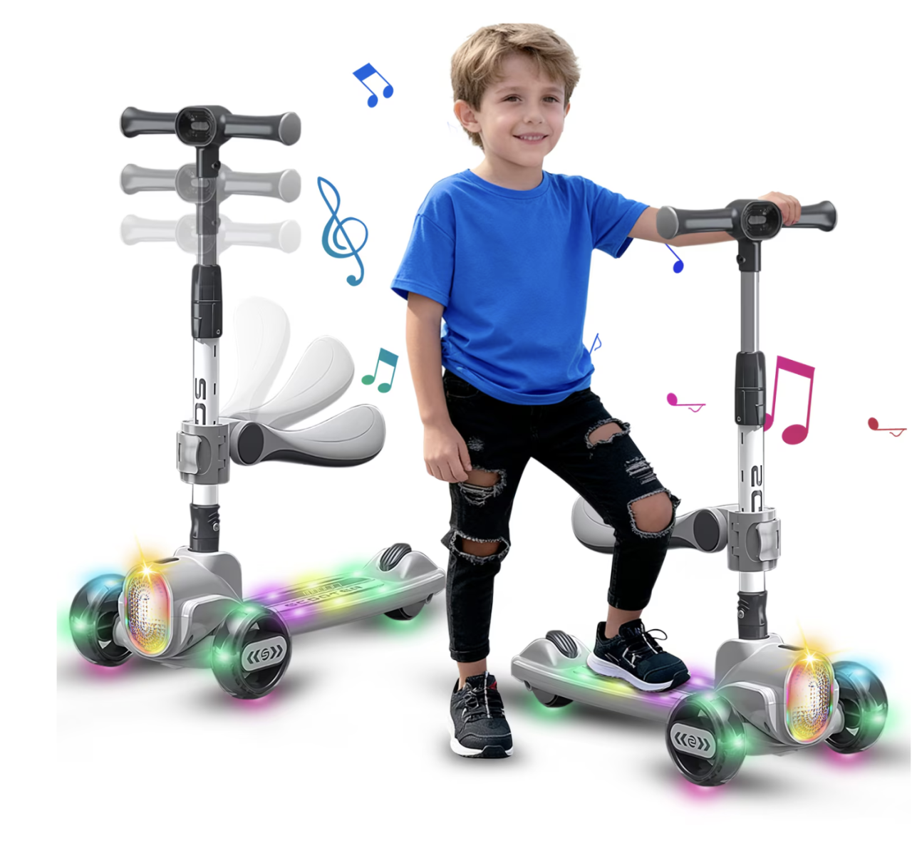 Trotineta 2022 roz, cu scaun, 3 roti LED, muzica, pliabila, reglabila, 3-12 ani [4]