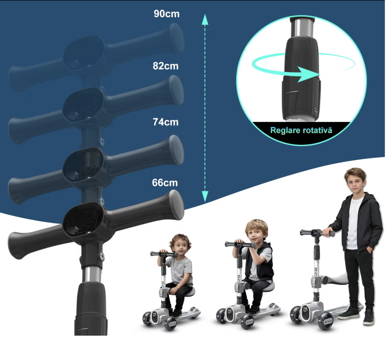 Trotineta 2022 roz, cu scaun, 3 roti LED, muzica, pliabila, reglabila, 3-12 ani [6]