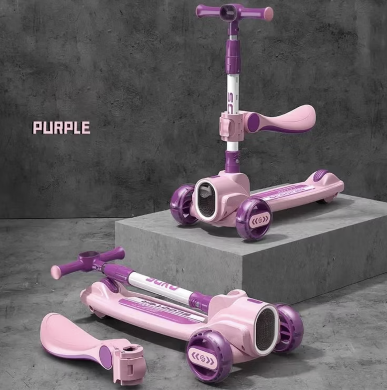 Trotineta 2022 roz, cu scaun, 3 roti LED, muzica, pliabila, reglabila, 3-12 ani [3]