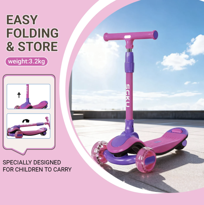 Trotineta copii 807 Roz, pliabila, reglabila 4 trepte, 3 roti, lumini si muzica, 3-10 ani [5]