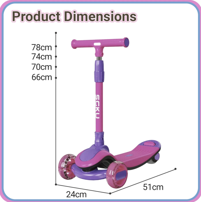 Trotineta copii 807 Roz, pliabila, reglabila 4 trepte, 3 roti, lumini si muzica, 3-10 ani [10]