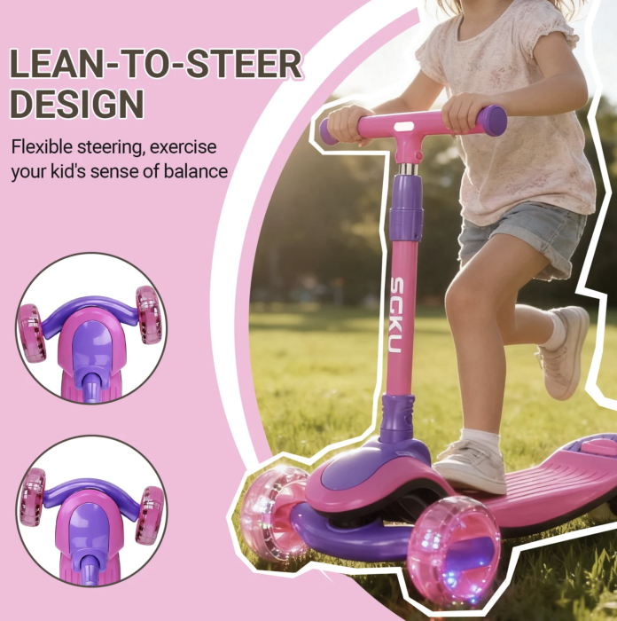 Trotineta copii 807 Roz, pliabila, reglabila 4 trepte, 3 roti, lumini si muzica, 3-10 ani [4]