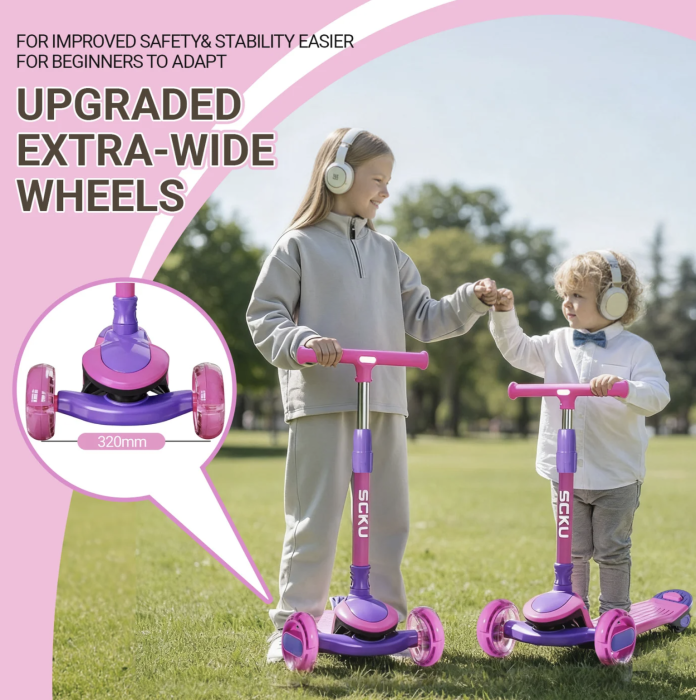 Trotineta copii 807 Roz, pliabila, reglabila 4 trepte, 3 roti, lumini si muzica, 3-10 ani [6]