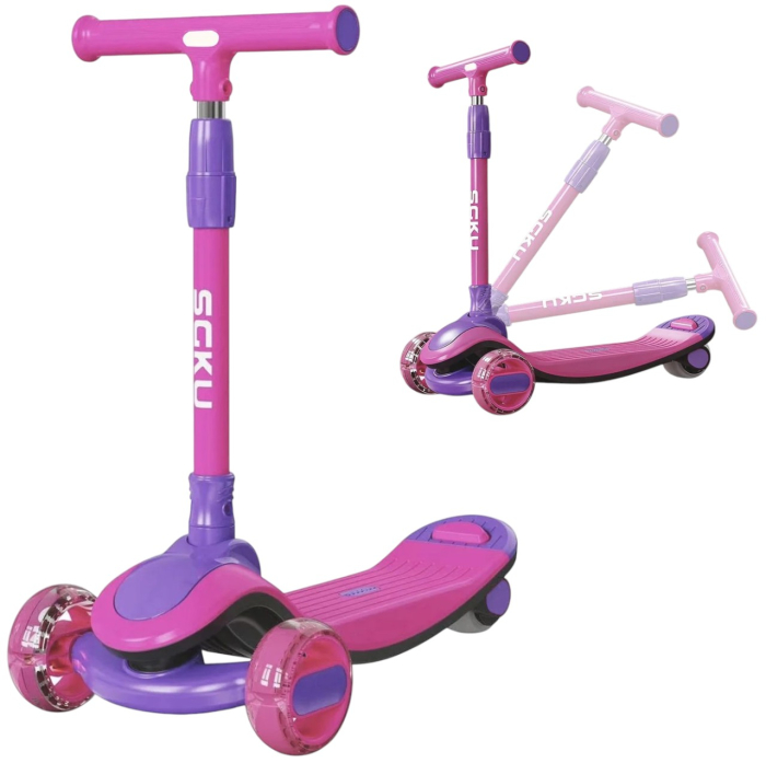 Trotineta copii 807 Roz, pliabila, reglabila 4 trepte, 3 roti, lumini si muzica, 3-10 ani [11]