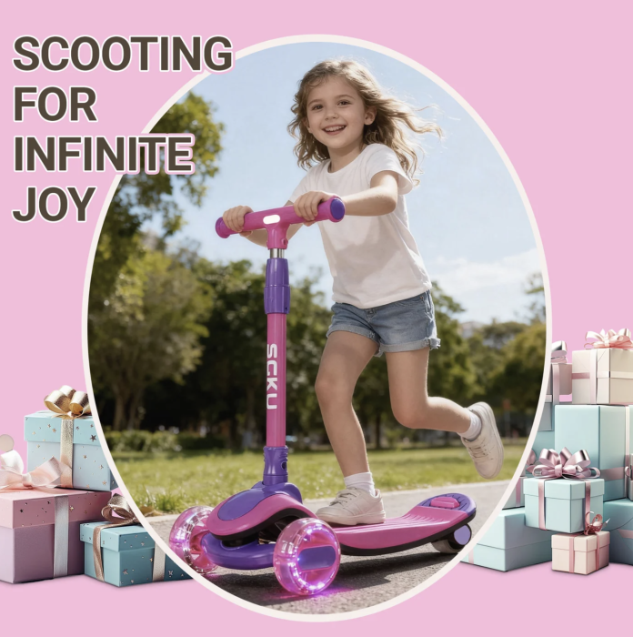 Trotineta copii 807 Roz, pliabila, reglabila 4 trepte, 3 roti, lumini si muzica, 3-10 ani [7]
