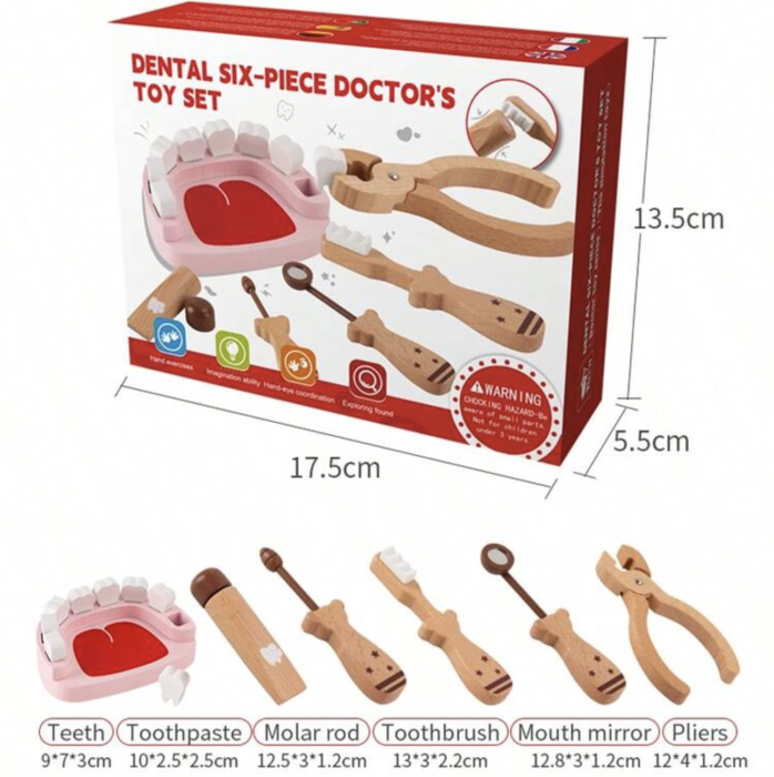Trusa de dentist din lemn pentru copii Dental Set cu mulaj dentar si 6 piese, +3 ani [5]