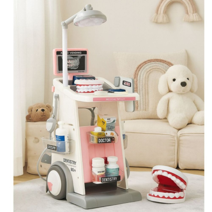Set carucior medical Doctor Dentist cu maxilar interactiv, lumini si 26 accesorii, roz, +4 ani [3]