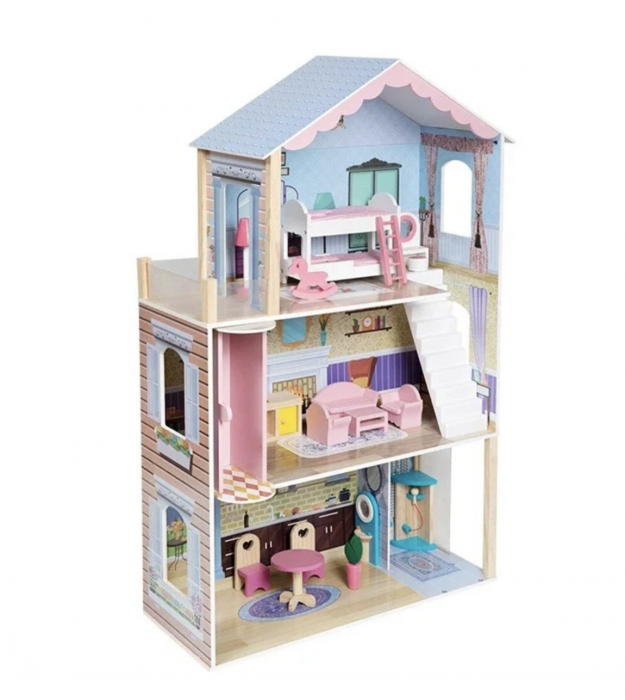 Vila pentru papusi cu 4 camere, mobilier si 14 accesorii, din lemn [3]