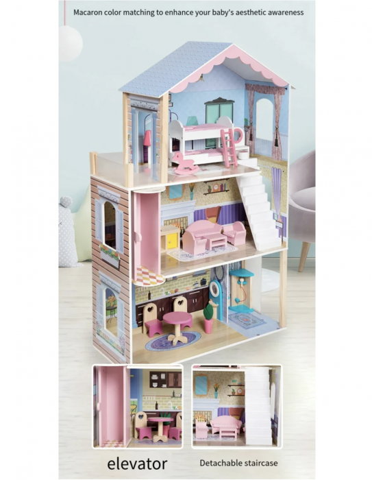 Vila pentru papusi cu 4 camere, mobilier si 14 accesorii, din lemn [5]