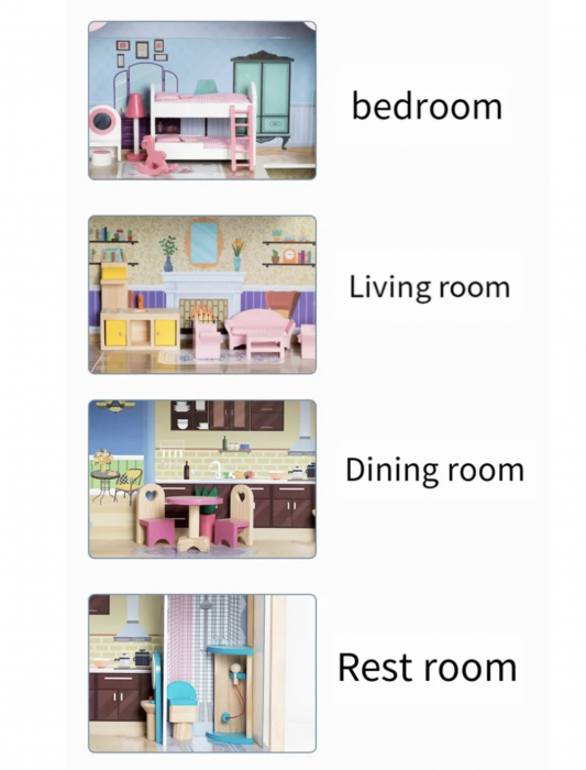 Vila pentru papusi cu 4 camere, mobilier si 14 accesorii, din lemn [4]