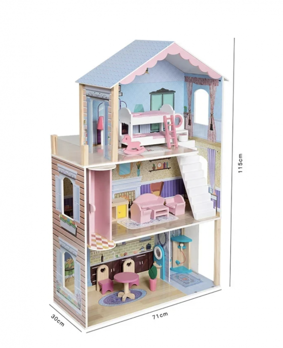 Vila pentru papusi cu 4 camere, mobilier si 14 accesorii, din lemn [7]