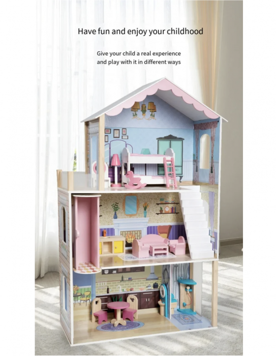 Vila pentru papusi cu 4 camere, mobilier si 14 accesorii, din lemn [8]