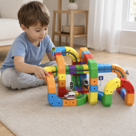 Trenulete si Locomotive - Set de constructie Cube Track cu tren electric USB si pista 3D modulara, 123 piese, 3 ani+