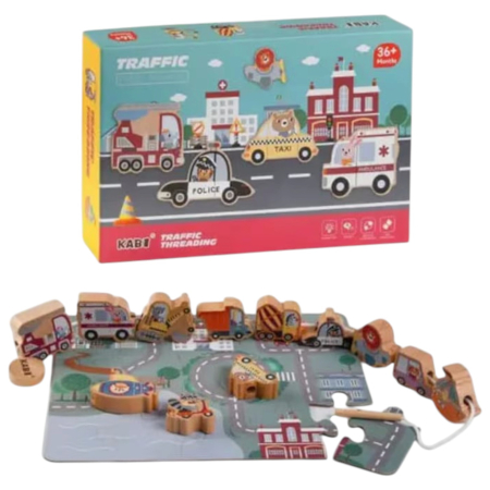 Jocuri si Jucarii - Joc Educativ Din Lemn Snuruit Si Puzzle 2 In 1 Mijloace De Transport KABI 3 Ani
