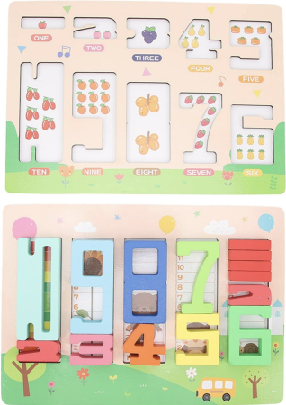 Jocuri si Jucarii - Placa Educativa Montessori Din Lemn Cifre De Incastru Stivuire Si Echilibru 36x26 cm 3 Ani