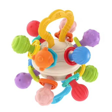 Jocuri si Jucarii - Jucarie Senzoriala de Dentitie – Mingea Zornaitoare Baby Rattle cu Maner, 0 luni+