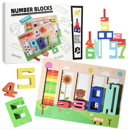 Jocuri si Jucarii - Placa Educativa Montessori Din Lemn Cifre De Incastru Stivuire Si Echilibru 36x26 cm 3 Ani