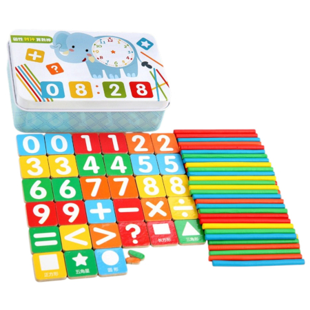 Jucarii din LEMN - de tip Montessori - Joc aritmetic cu betisoare colorate din lemn, piese magnetice si ceas in cutie metalica, +3 ani