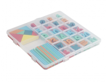 Jocuri si Jucarii - Cutie de invatare cu tangram, cifre, semne matematice, din lemn