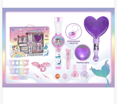 Jocuri si Jucarii - Set de machiaj copii Little Princess Total Glitter, lampa LED si ceas cu farduri, 5 ani+