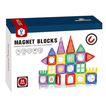 Jocuri si Jucarii - Set 34 piese magnetice de constructie, multicolor, 3 ani+