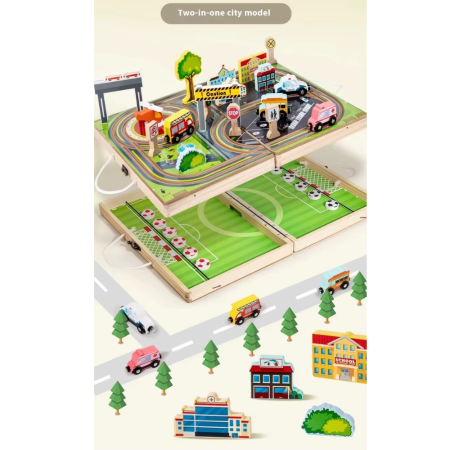 Trenulete si circuite din lemn - Joc 2 in 1 Circuit cu masini City si Pucket Game, din lemn