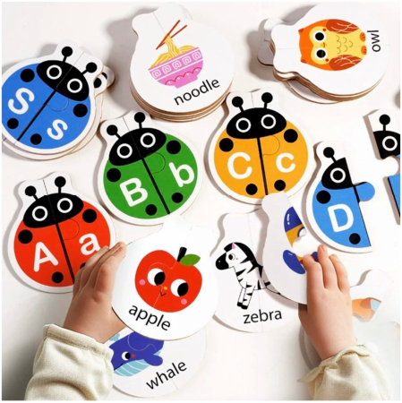 Jocuri si Jucarii - Joc cognitiv de asociere a literelor, tip puzzle, cu 52 piese din lemn - Gargarite
