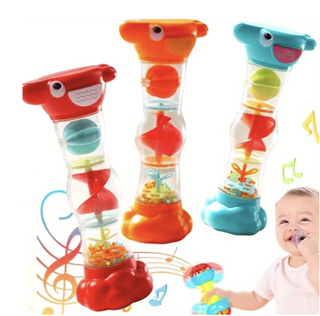 Jocuri si Jucarii - Jucarie zornaitoare tip clepsidra cu bilute si sunet de ploaie pentru bebelusi 6 luni+