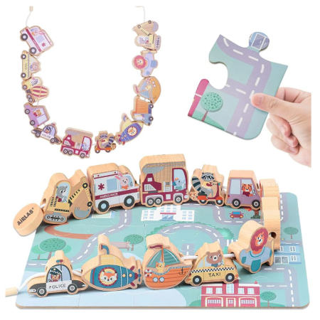 Jocuri si Jucarii - Joc Educativ Din Lemn Snuruit Si Puzzle 2 In 1 Mijloace De Transport KABI 3 Ani