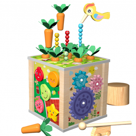 Jocuri si Jucarii - Cub multifunctional Montessori 6 in 1 cu Ciocanitoare, din lemn
