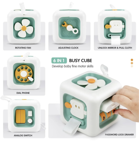 Jocuri si Jucarii - Jucarie interactiva Busy Cube vernil, cu 6 activitati pentru copii 18 luni+