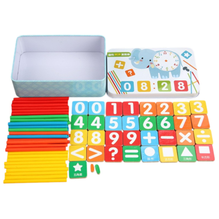 Jucarii din LEMN - de tip Montessori - Joc aritmetic cu betisoare colorate din lemn, piese magnetice si ceas in cutie metalica, +3 ani
