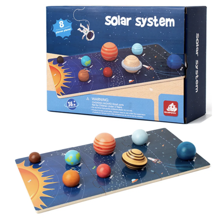 Jocuri si Jucarii - Joc puzzle din lemn cu planete 3D Sistemul Solar pentru copii