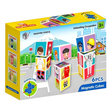 Jucarii din LEMN - de tip Montessori - Joc educativ Set 6 cuburi magnetice meserii, 6 piese, meserii