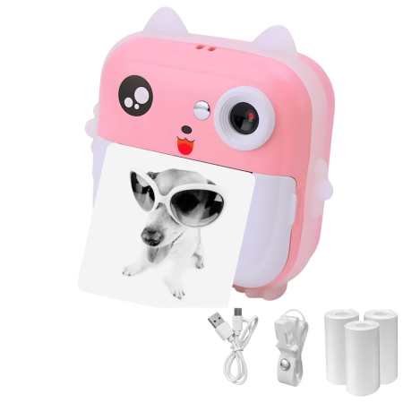 Jocuri si Jucarii - Camera foto copii cu imprimare instant, HD, video, jocuri, USB-C, 3 role, roz