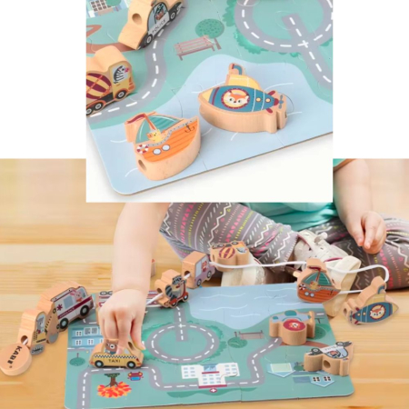 Joc Educativ Din Lemn Snuruit Si Puzzle 2 In 1 Mijloace De Transport KABI 3 Ani [2]