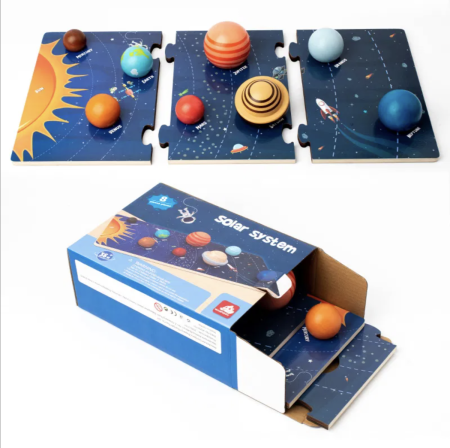 Jocuri si Jucarii - Joc puzzle din lemn cu planete 3D Sistemul Solar pentru copii