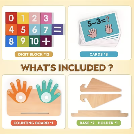 Jucarii din LEMN - de tip Montessori - Joc Montessori din lemn pentru calcul matematic cu degete din fetru si suport, +3 ani