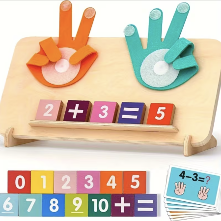 Jucarii din LEMN - de tip Montessori - Joc Montessori din lemn pentru calcul matematic cu degete din fetru si suport, +3 ani